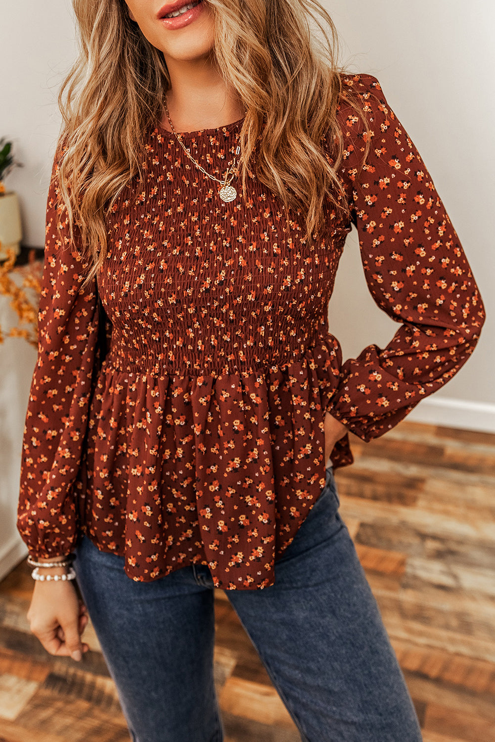 Brown Floral Smocked Bodice Mini Dress