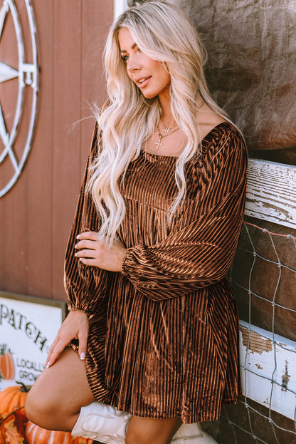 Pale Chestnut Long Sleeve Tiered Ribbed Velvet Dress