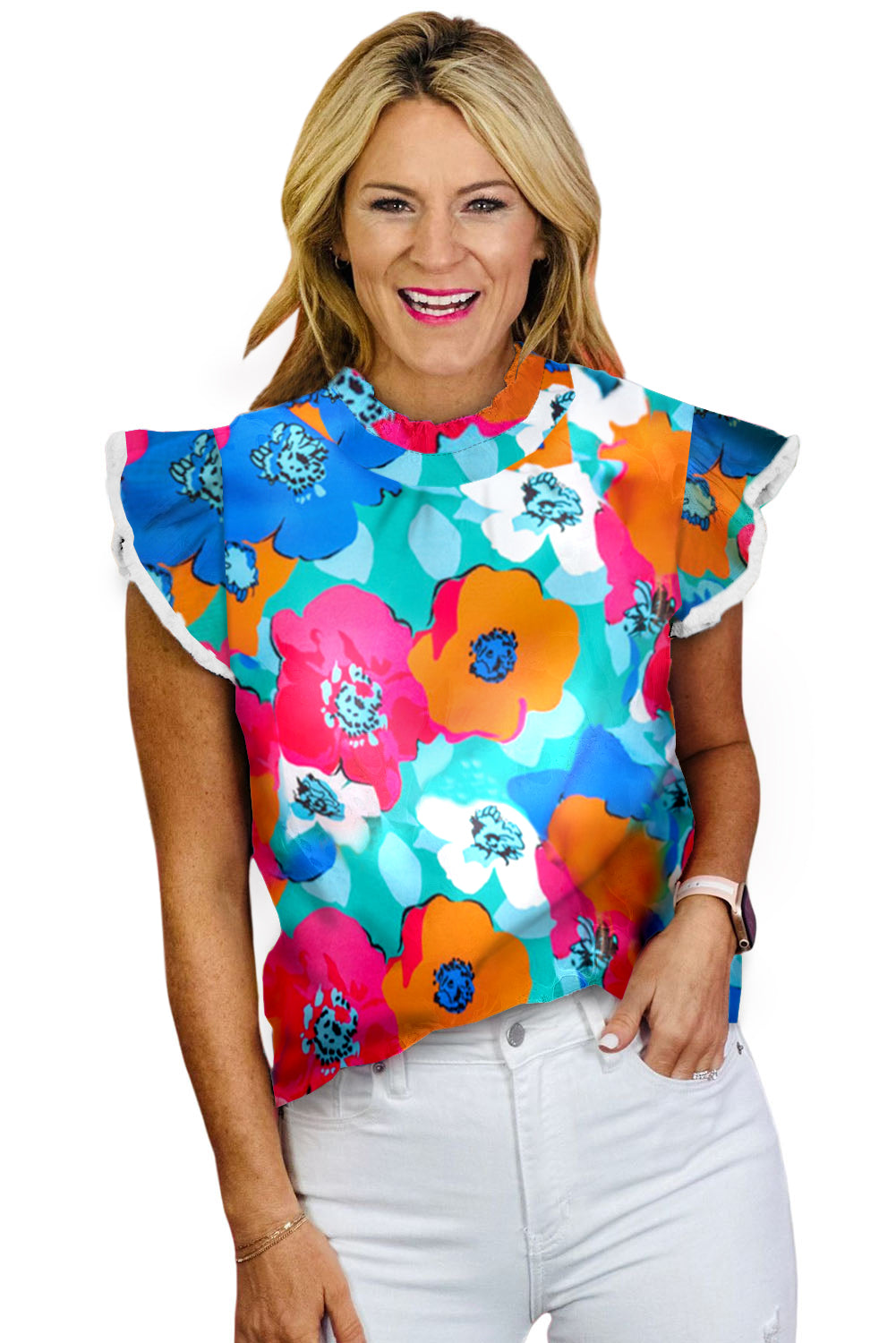 Rose Split V Collar Ruffle Sleeve Floral Shift Dress