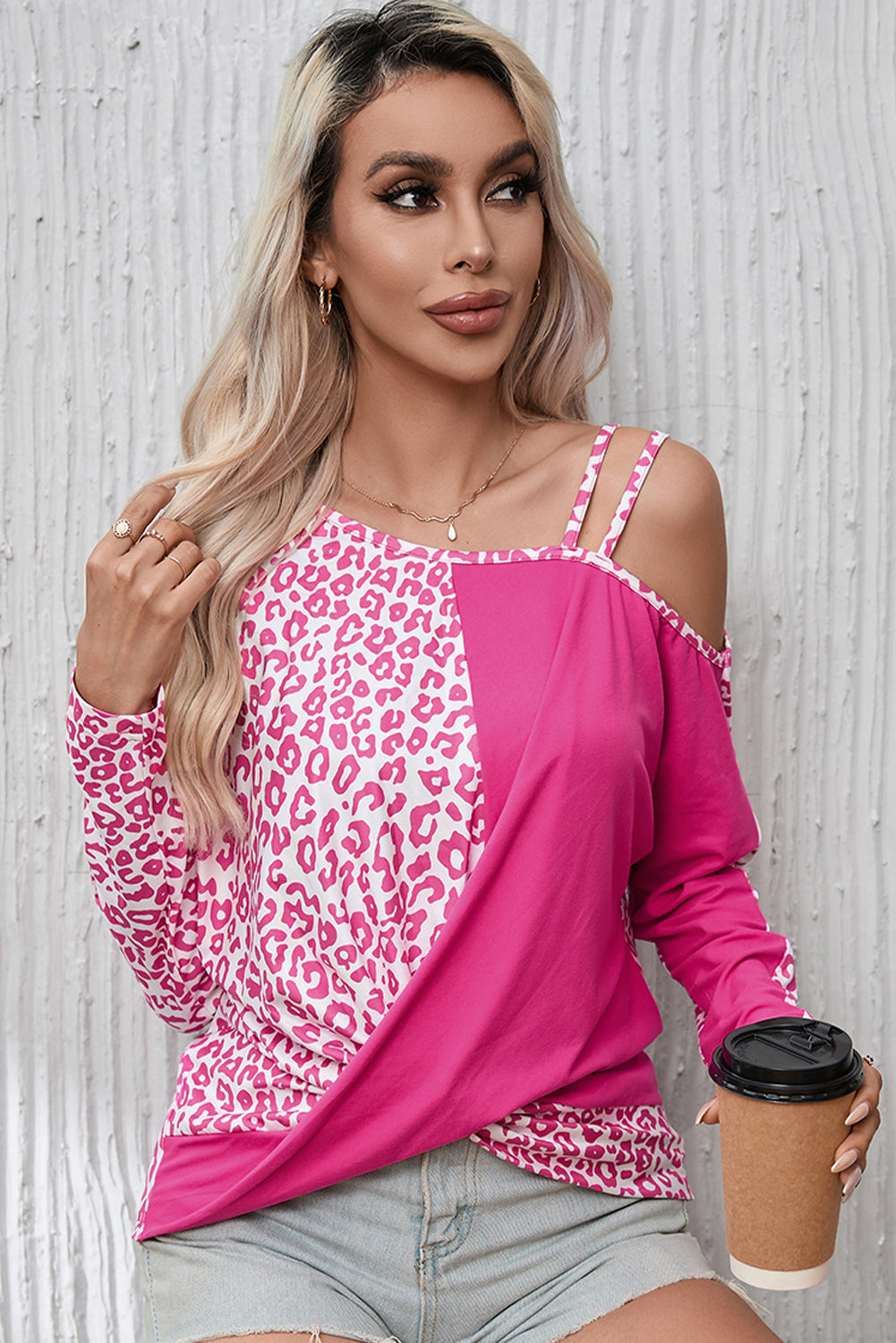 Gray Contrast Solid Leopard Short Sleeve T-shirt Dress with Slits