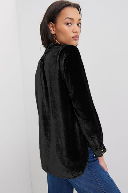 Skobeloff Velvet Buttoned Front Ruffled Mini Dress