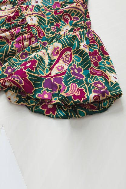 Green Paisley Print Flutter Sleeve Tiered Ruffle Dress