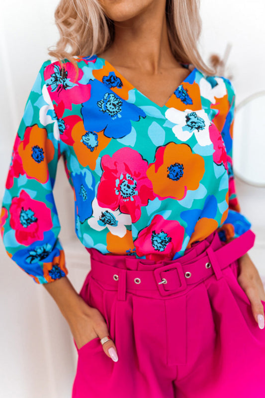 Rose Split V Collar Ruffle Sleeve Floral Shift Dress
