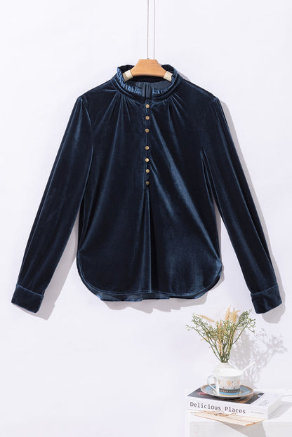 Skobeloff Velvet Buttoned Front Ruffled Mini Dress