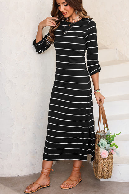 Black Stripe Print Open Back Sleeveless Maxi Dress with Slits