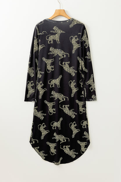 Black Leopard Print Button-up Long Sleeve Shirt Mini Dress