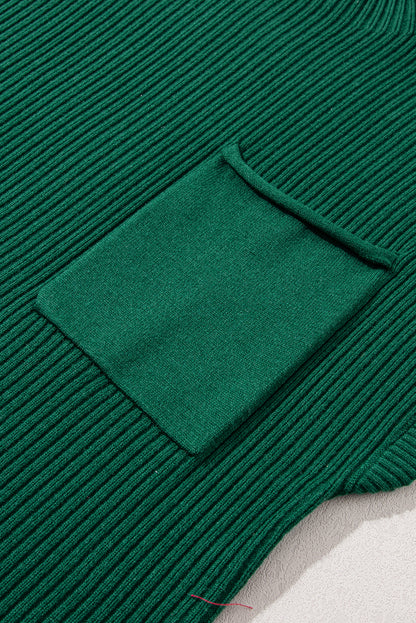 Blackish Green Patch Pocket Ribbed Knit Short Sleeve Sweater Dress