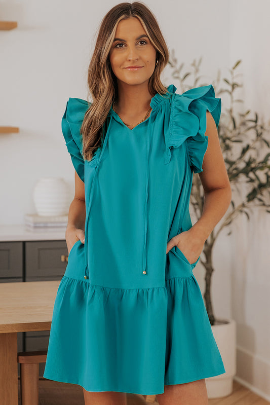 Black Tiered Ruffled Sleeves Mini Dress with Pockets
