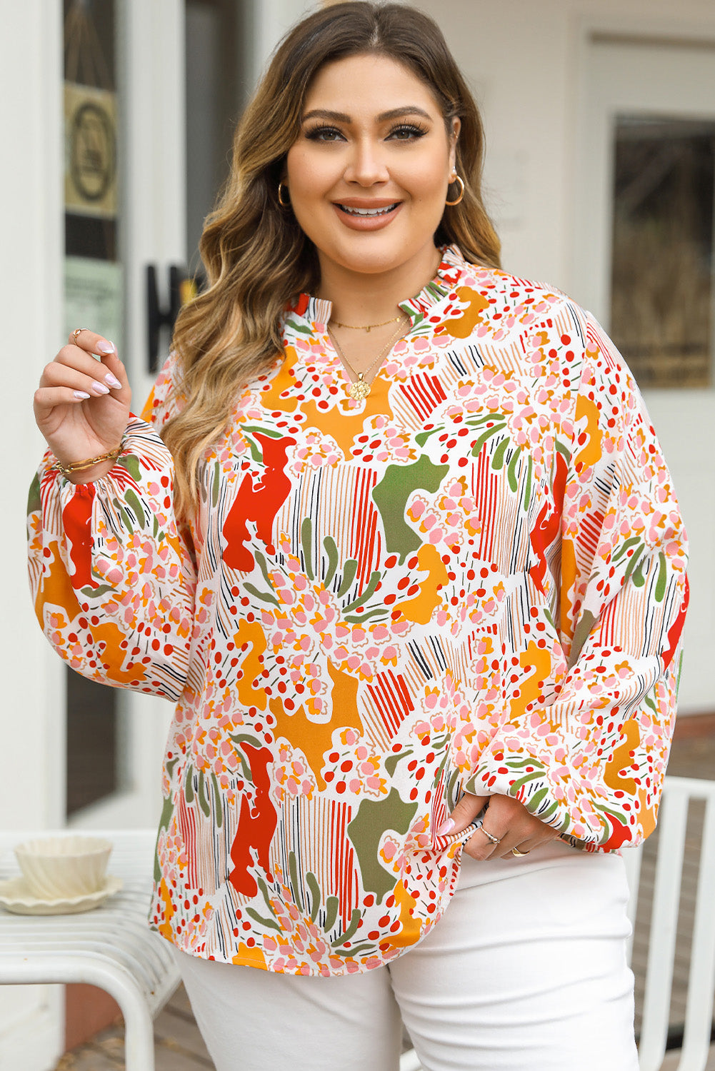 Multicolour Split Neck Puff Sleeve Flowy Printed Dress