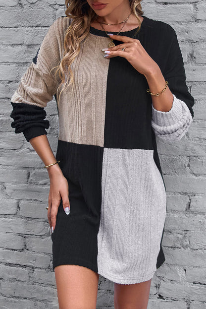 Black Color Block Drop Shoulder Rib Knit Mini Dress