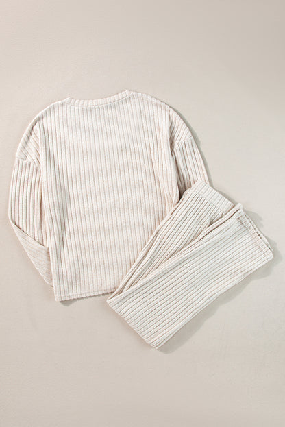 Khaki Ribbed Knit V Neck Slouchy Two-piece Outfit