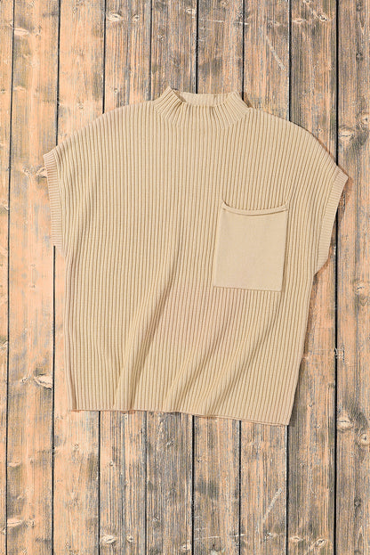Blackish Green Patch Pocket Ribbed Knit Short Sleeve Sweater Dress