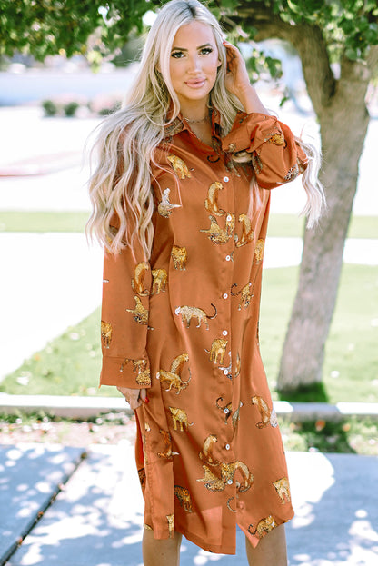 Black Leopard Print Button-up Long Sleeve Shirt Mini Dress