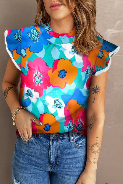 Rose Split V Collar Ruffle Sleeve Floral Shift Dress