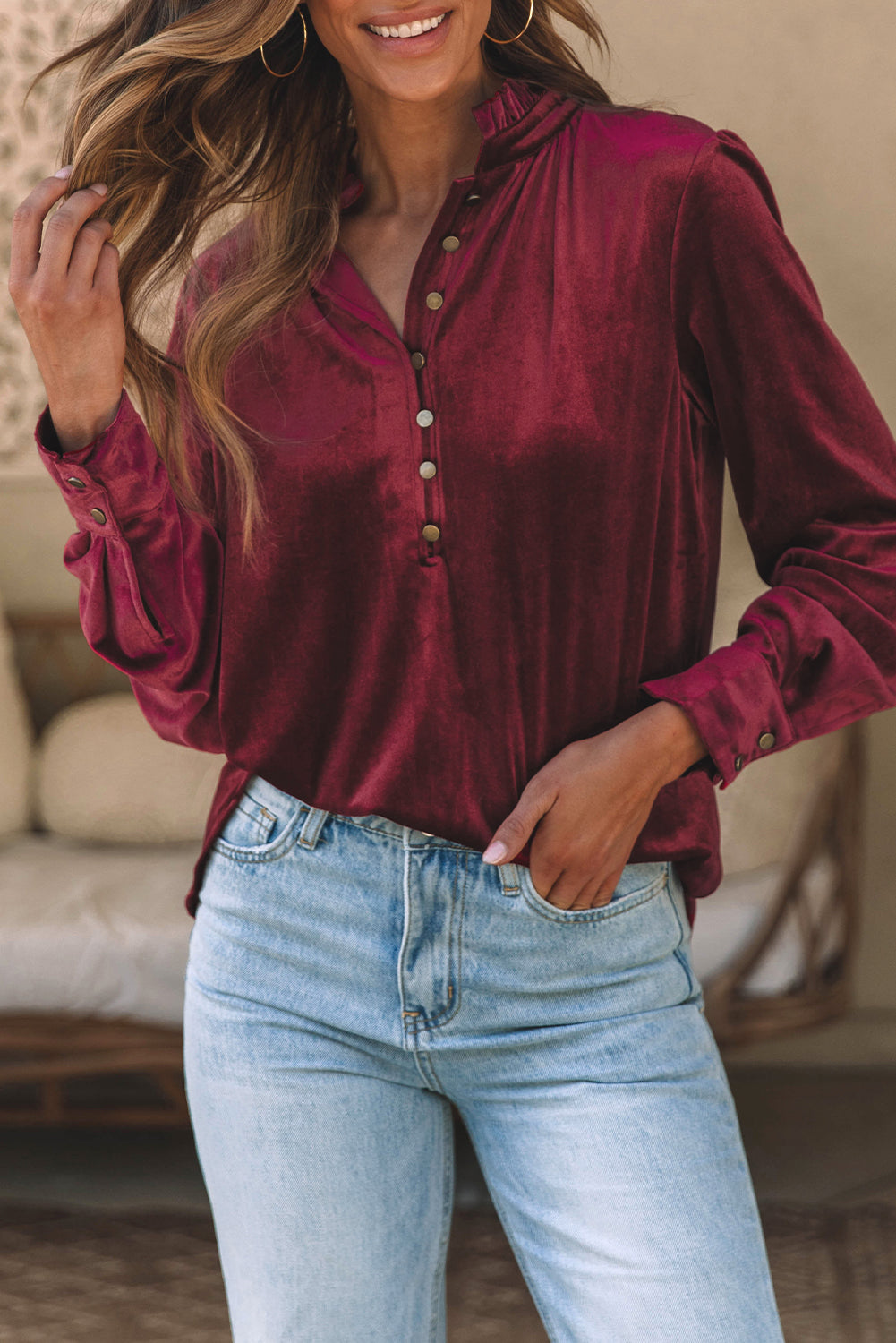 Skobeloff Velvet Buttoned Front Ruffled Mini Dress
