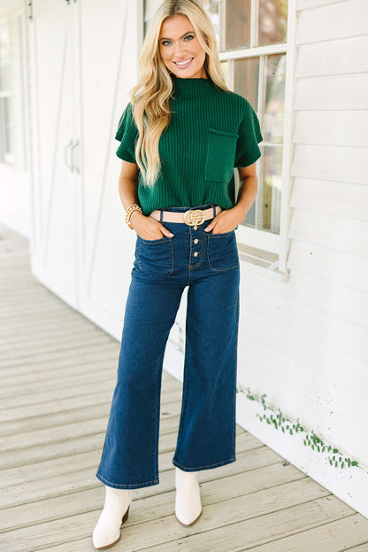Blackish Green Patch Pocket Ribbed Knit Short Sleeve Sweater Dress