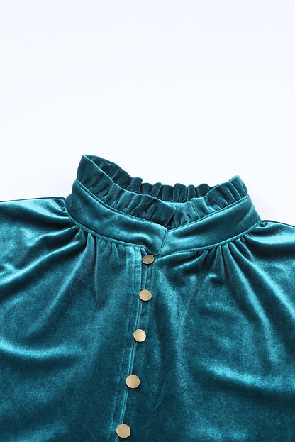 Skobeloff Velvet Buttoned Front Ruffled Mini Dress