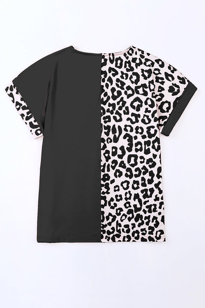 Gray Contrast Solid Leopard Short Sleeve T-shirt Dress with Slits