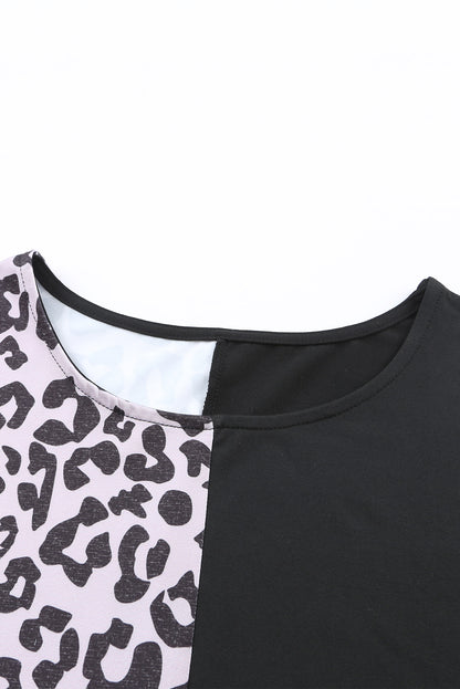 Gray Contrast Solid Leopard Short Sleeve T-shirt Dress with Slits