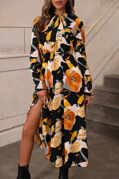 Multicolor Floral Print Waist Tie Pleated Midi Shirt Dress