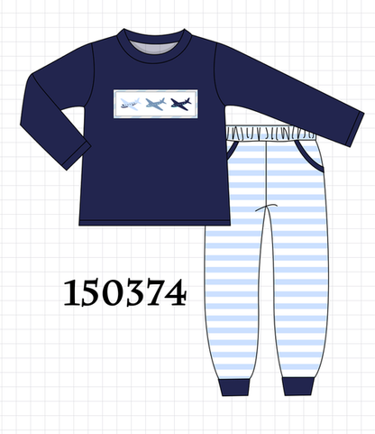 Navy Airplane Embroidery Pants Set