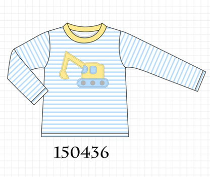 Blue Excavator Applique Stripe Top